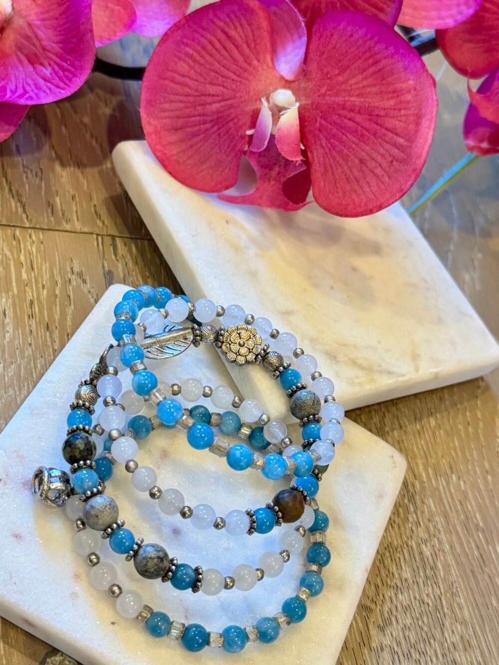 Aquamarine Agate Gemstone Coil Bracelet, Boho Stretch Jewelry